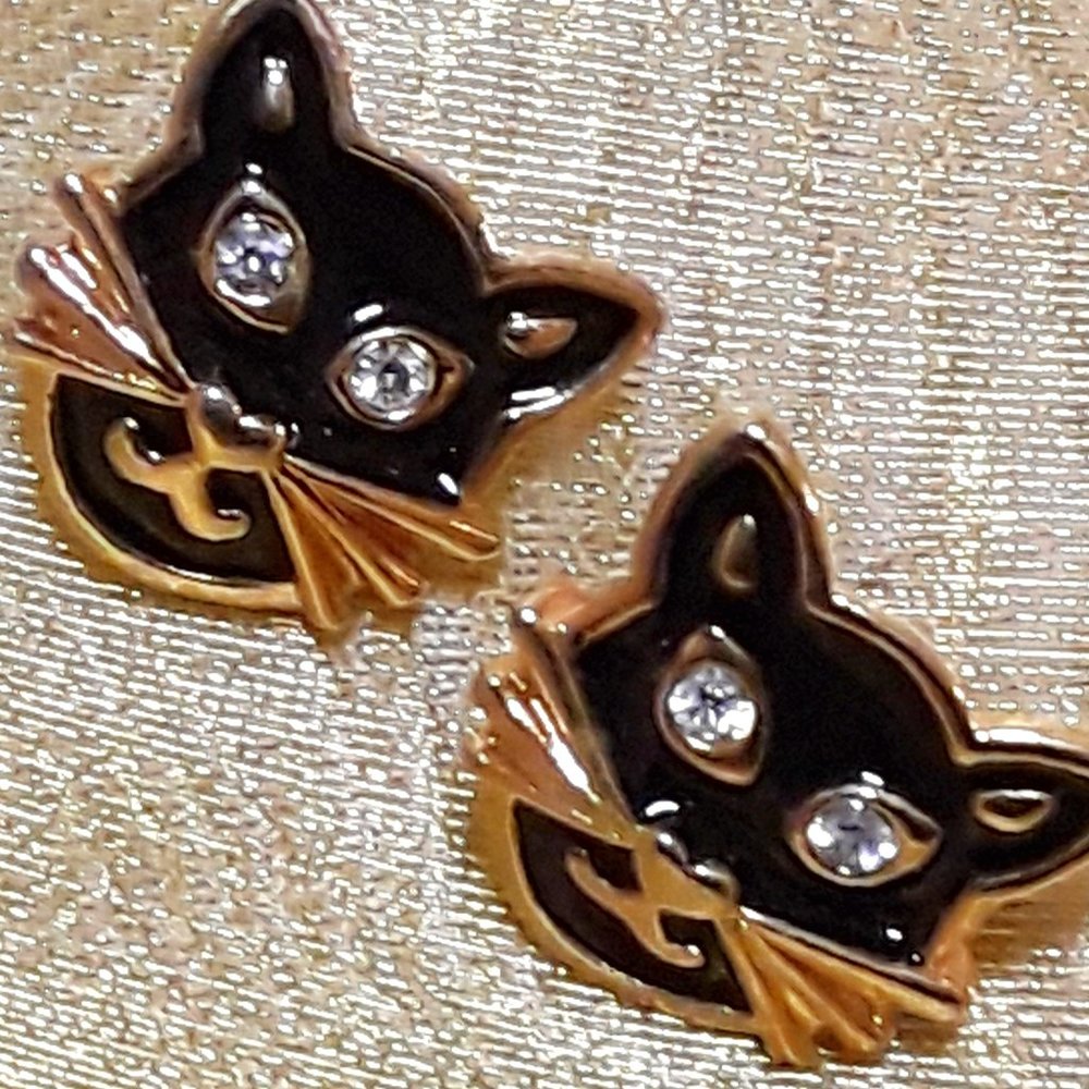 Black Cat Post Earrings with Rhinestones